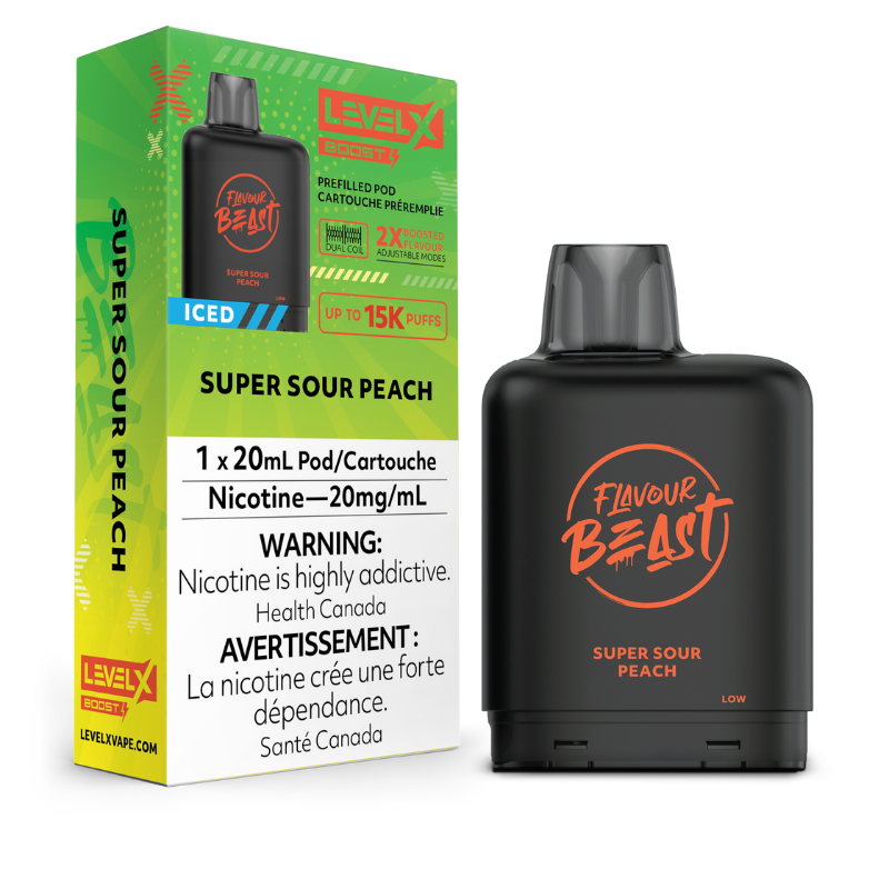 SUPER SOUR PEACH ICED LEVEL X BOOST PODS Enjoy the juicy taste of ripe peaches, made even better by a tangy sour flavor and a cool burst of menthol.