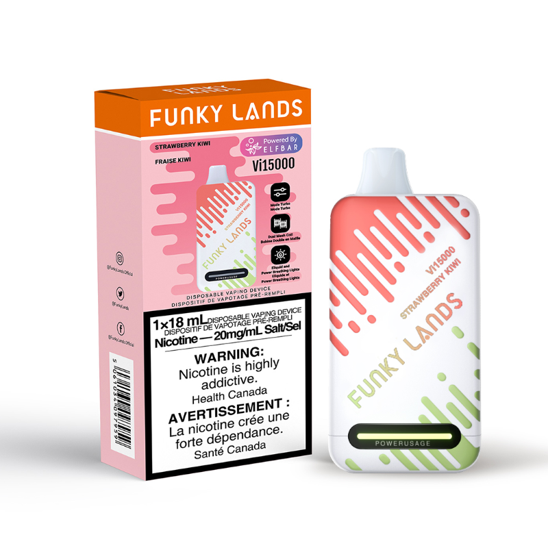 STRAWBERRY KIWI FUNKY LANDS Vi15000 PUFFs DISPOSABLE VAPE Experience the luscious sweetness of freshly picked strawberries perfectly complemented by the notes of tropical kiwis, the Funky Lands Vi15000 Rechargeable Disposable Vape, offering 15K puffs. The Funky Lands 15000 features Turbo mode for enhanced vape output.
