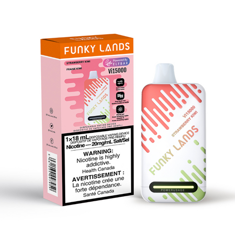 STRAWBERRY KIWI FUNKY LANDS Vi15000 PUFFs DISPOSABLE VAPE Experience the luscious sweetness of freshly picked strawberries perfectly complemented by the notes of tropical kiwis, the Funky Lands Vi15000 Rechargeable Disposable Vape, offering 15K puffs. The Funky Lands 15000 features Turbo mode for enhanced vape output.