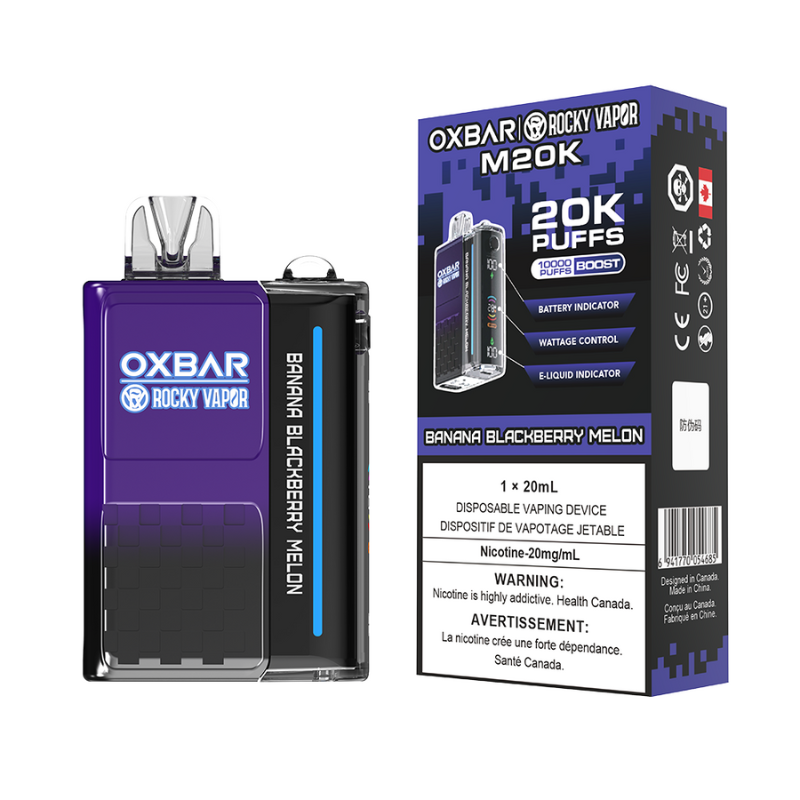 BANANA BLACKBERRY MELON OXBAR DISPOSABLE VAPE - 20000 PUFFs 20ML e-liquid, 20MG nicotine, 20000 puffs, Boost Mode 12W to 28W, 900 mAh rechargeable battery, a mega display screen.