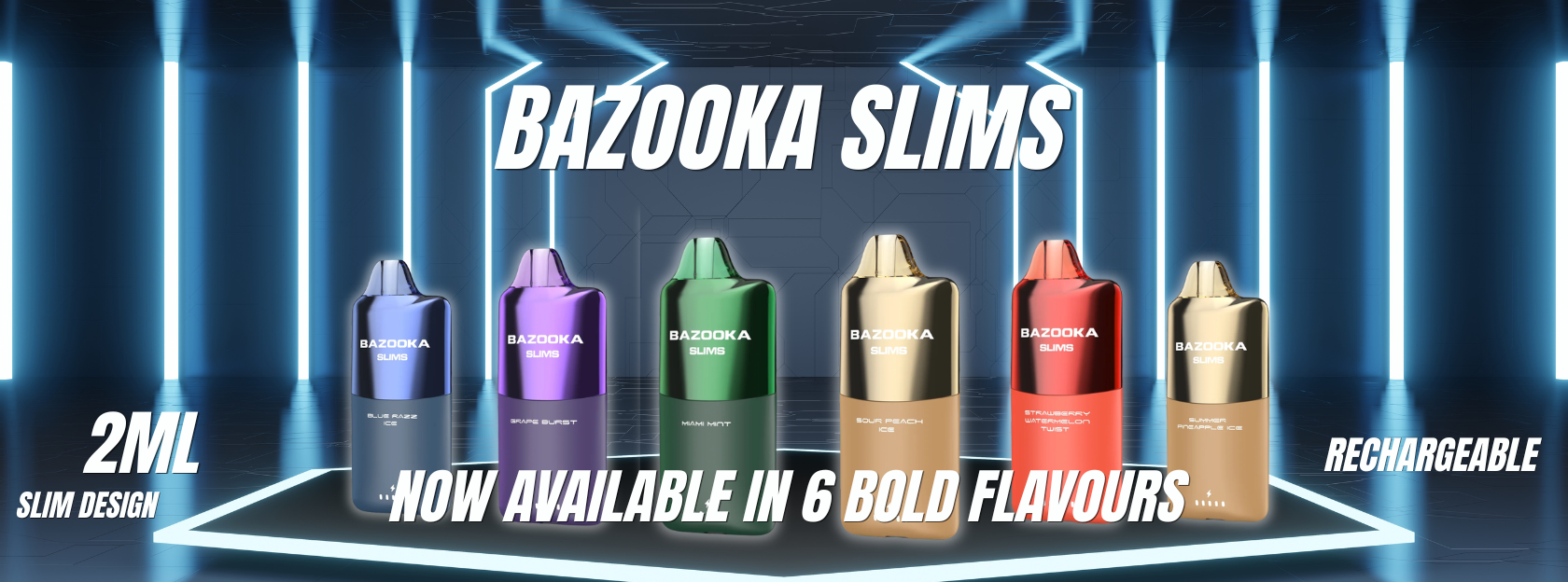 Bazooka Slims vape devices in various colors with promotional text on a dark background