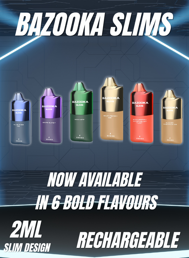 Bazooka Slims vape devices in various colors with text about availability and features on a blue background.