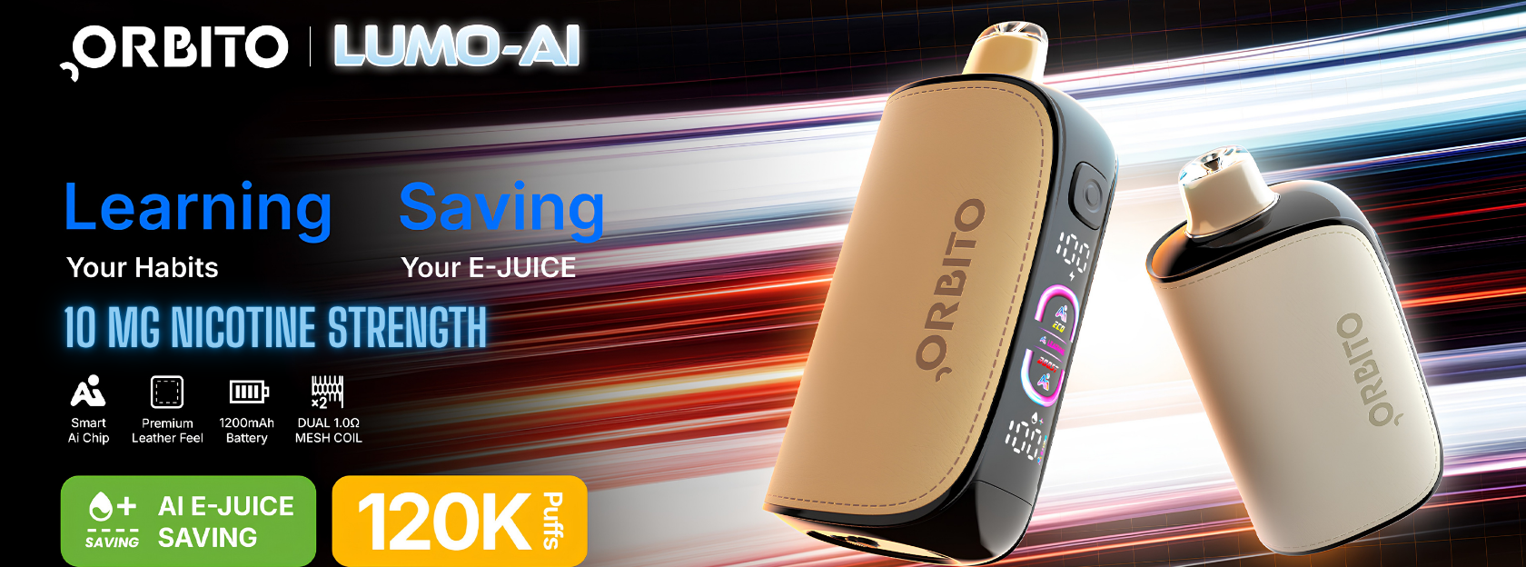 Orbito Lumo-AI device with text about learning habits and saving e-liquid on a dynamic background.