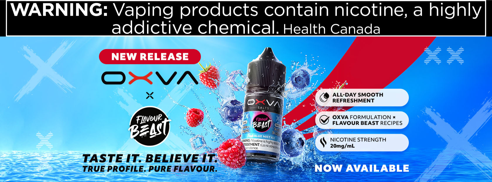OXVA vape juice bottle with flavor text and health warning on a blue and red background