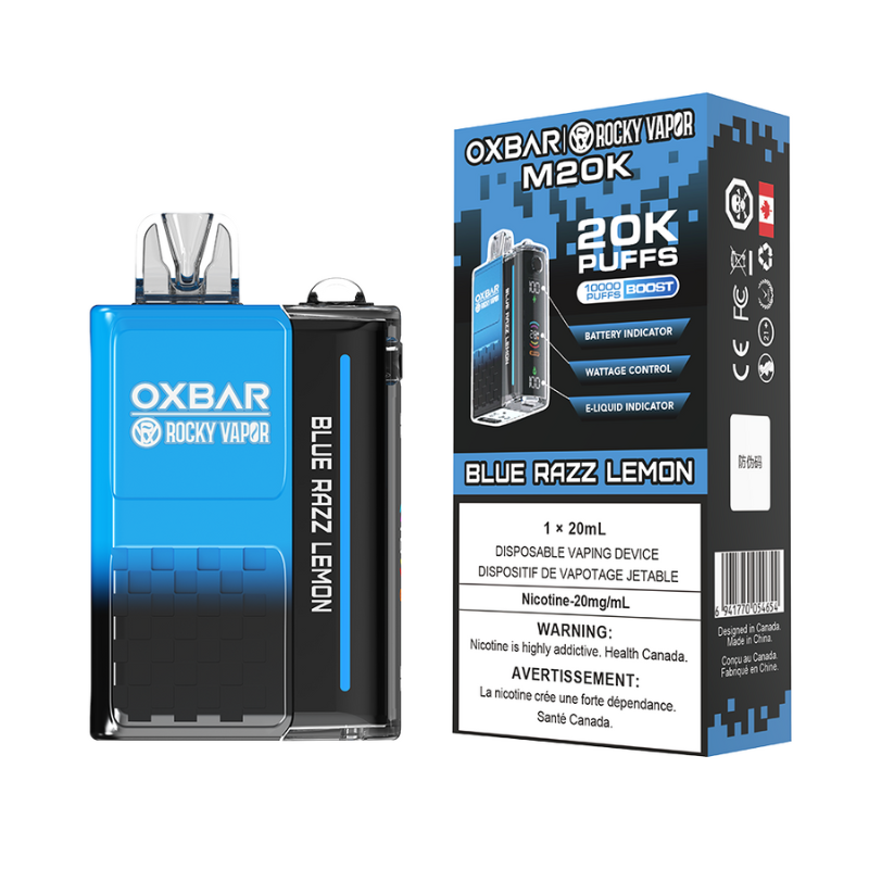 BLUE RAZZ LEMON OXBAR DISPOSABLE VAPE - 20000 PUFFs 20ML e-liquid, 20MG nicotine, 20000 puffs, Boost Mode 12W to 28W, 900 mAh rechargeable battery, a mega display screen. 