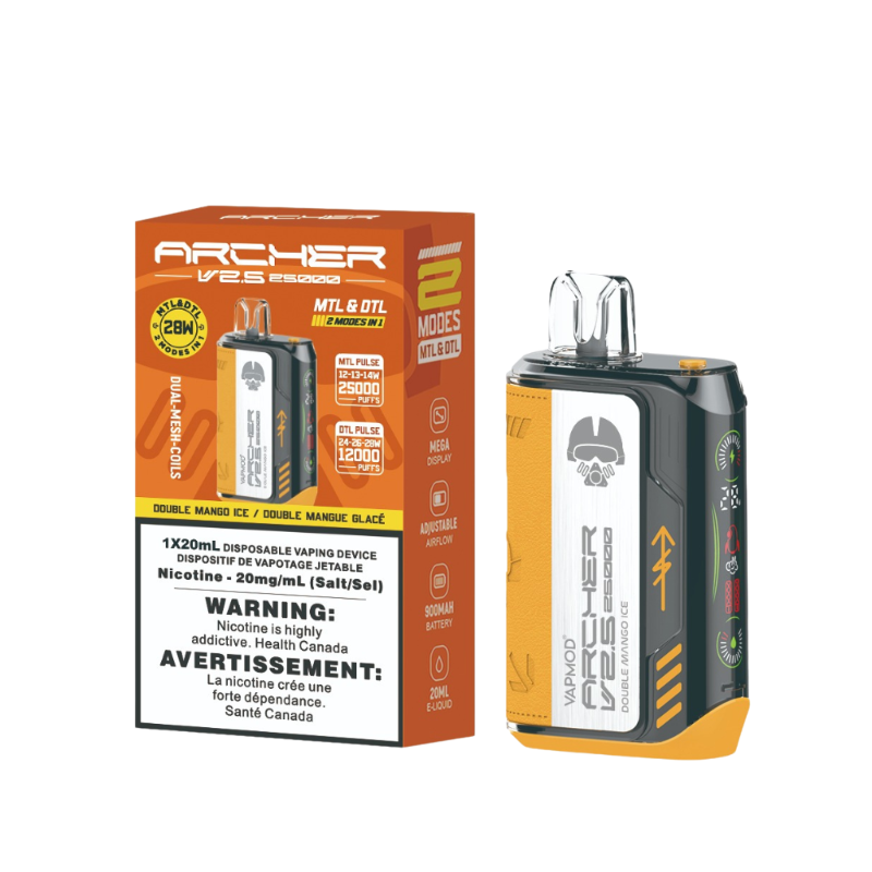 BUY ARCHER VAPMOD 25k DOUBLE MANGO ICE DISPOSABLE VAPE MISTER VAPOR CANADA, B.C ALBERTA, MANITOBA, ONTARIO,QUWBEC, NEW FOUNLAND, PEI, NOVA SOCITA