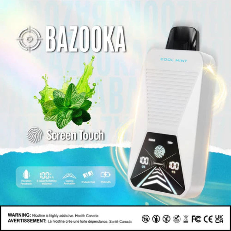 COOL MINT BAZOOKA 33K DISPOSABLE : Featuring 33000 puffs , adjustable mode ,dual mesh coil, touch screen display and vibration feedback. Buy now at MV 