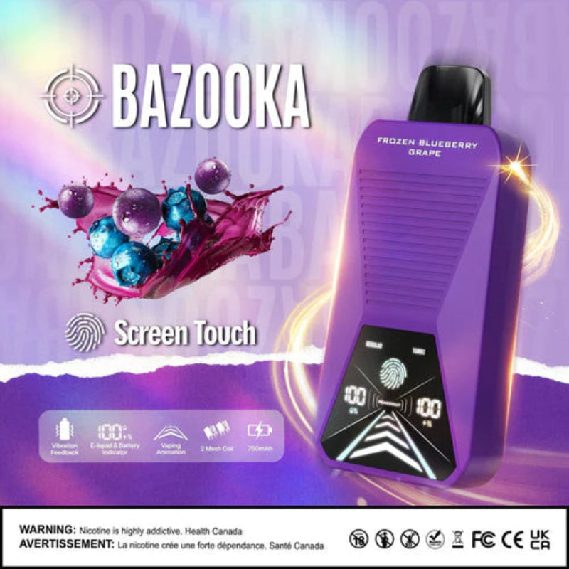 FROZEN BLUEBERRY GRAPE BAZOOKA 33K DISPOSABLE : Featuring 33000 puffs , adjustable mode ,dual mesh coil, touch screen display and vibration feedback. Buy now at MV 