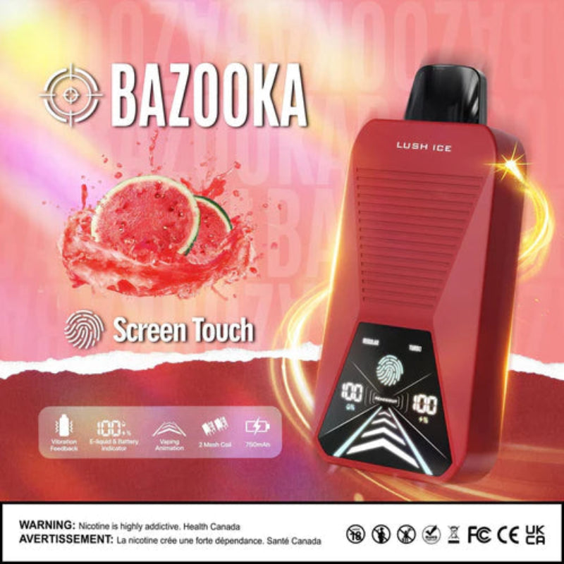 LUSH ICE BAZOOKA 33K DISPOSABLE : Featuring 33000 puffs , adjustable mode ,dual mesh coil, touch screen display and vibration feedback. Buy now at MV 