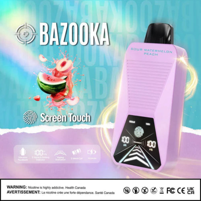 SOUR WATERMELON PEACH BAZOOKA 33K DISPOSABLE : Featuring 33000 puffs , adjustable mode ,dual mesh coil, touch screen display and vibration feedback. Buy now at MV 