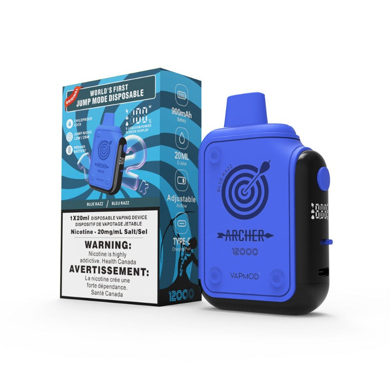 BLUE RAZZ VAPMOD ARCHER DISPOSABLE VAPE(12000)Picture doubling your vape's productivity with a mere click. Introducing the Archer 12000 Puffs Disposable Vape by VAPMOD – the pioneer of jump mode disposable vapes globally. Packed with an array of remarkable attributes, a hit that give you a feel of 50mg nic level, a top-notch battery