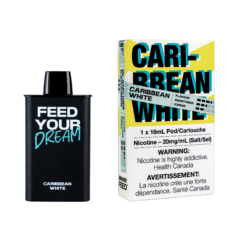 CARIBBEAN WHITE FEED POD (9000 PUFFs)Embark on a tropical journey with Caribbean White Vape, a luscious blend that captures the essence of the Caribbean. Imagine the crisp, sweet taste of ripe white peaches, infused with the exotic creaminess of coconut milk, and a hint of tangy pineapple