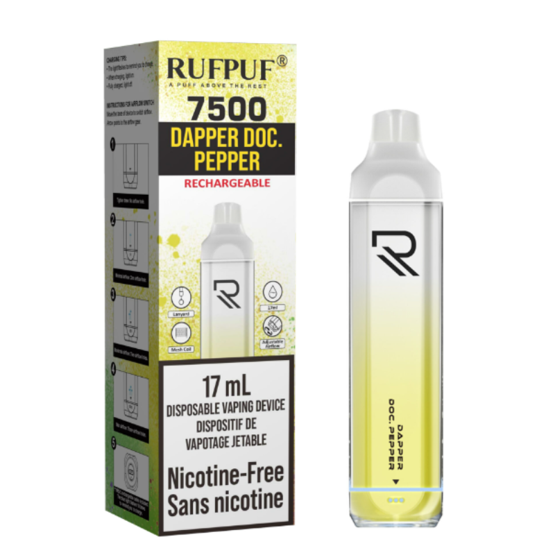 DAPPER DOC. PEPPER RUFPUF NICOTINE FREE DISPOSABLE VAPE
A classic soda-inspired experience with rich, bold notes of spiced cherry and a smooth, fizzy finish. Perfectly balanced, it captures the essence of your favourite peppery cola. Same-day or Next-day delivery within the zone and express shipping GTA, Oakville, Aurora, Pickering, Ajax, Whitby, Oshawa, Scarborough, Brampton, Etobicoke, Mississauga, Markham, Richmond Hill, Ottawa, Montreal, Nova Scotia, PEI, Vancouver,  Vaughan, Toronto, York, North York, 