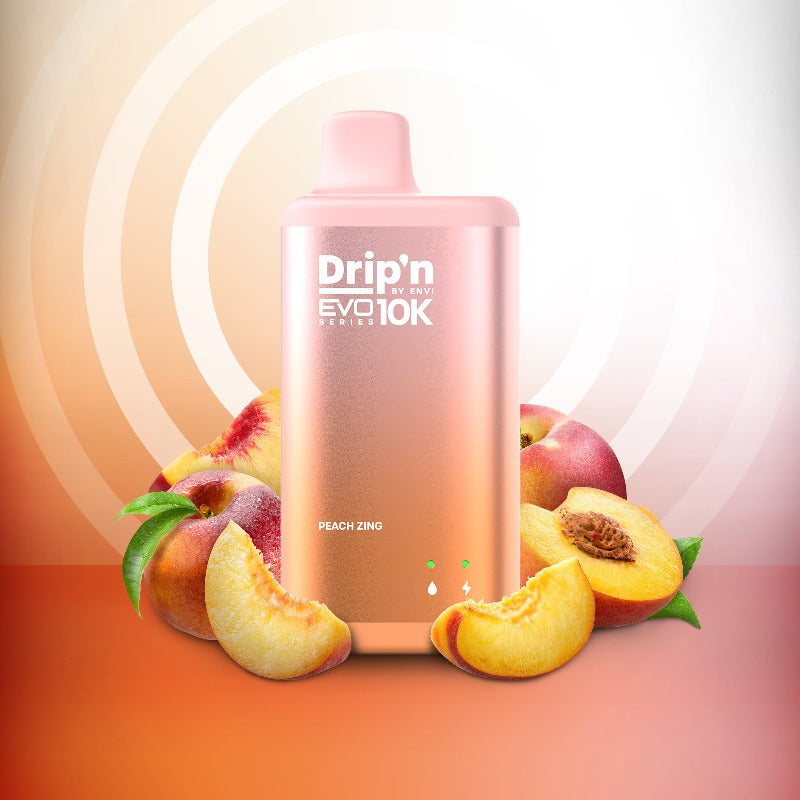 PEACH ZING DRIP'N EVO 10K DISPOSABLE VAPE (10,000 PUFFs)The delectable flavor of mature peaches delivers a taste that gracefully moves across the taste buds with its juicy, sun-drenched essence and vibrant zest.