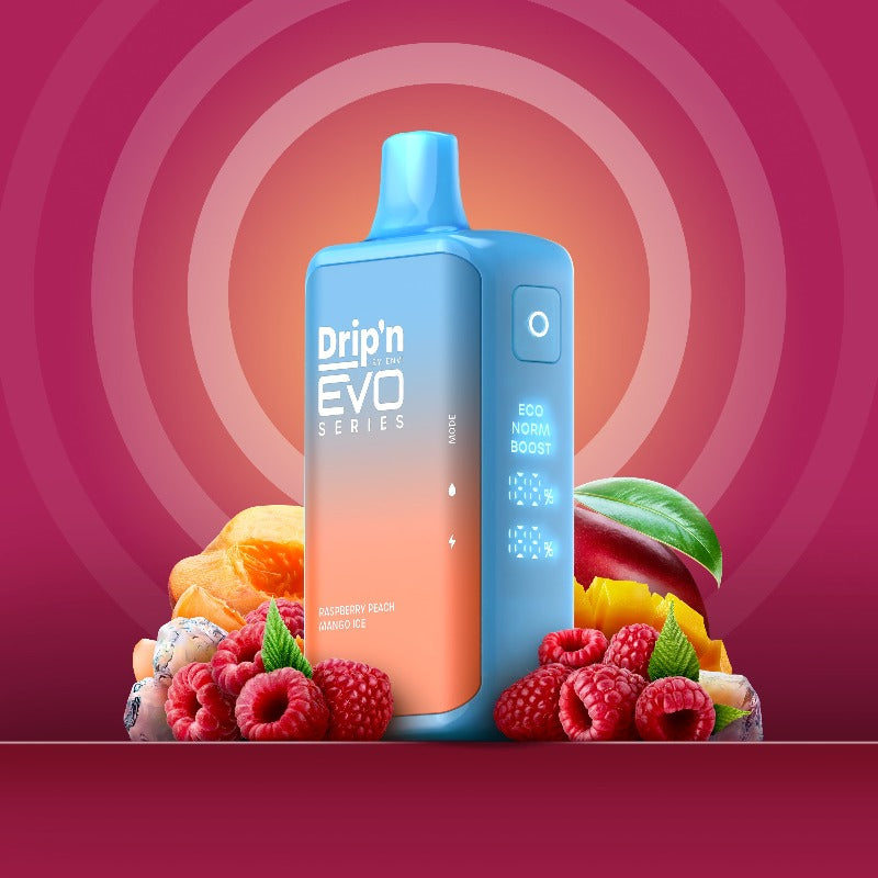 Raspberry Peach Mango Ice Drip'n EVO 28k Disposable Vape Indulge in the refreshing burst of Raspberry Peach Mango Ice, where tangy raspberries, juicy peaches, and tropical mangoes blend with a cool icy finish for a vaping experience that's both sweet and invigorating.