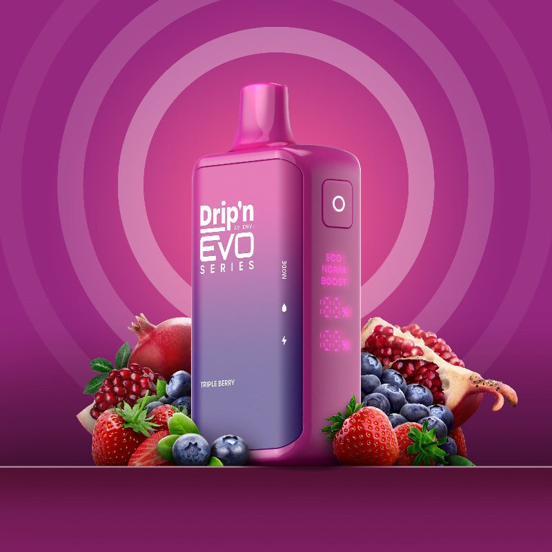 Triple Berry Drip'n EVO 28k Disposable Vape Showcasing the full splendor of tartness, this delightful creation is brimming with the vibrant flavors of blueberry, strawberry, and pomegranate, forming an iconic trio that tantalizes the taste buds.