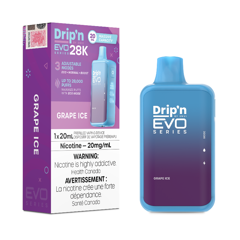 Grape Ice Drip'n EVO 28k Disposable Vape Grape Ice delivers a refreshing burst of sweet, juicy grapes followed by a cool, icy finish that invigorates your senses.