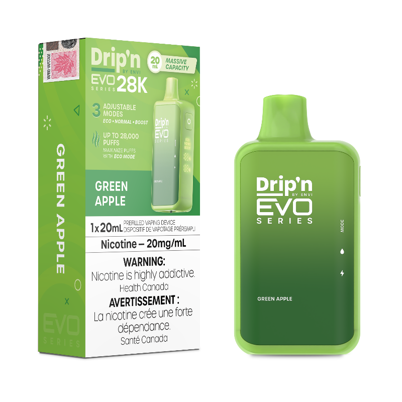 Green Apple Drip'n EVO 28k Disposable Vape Savor the crisp, refreshing taste of a freshly picked green apple with every puff, bursting with juicy sweetness and a tangy twist.