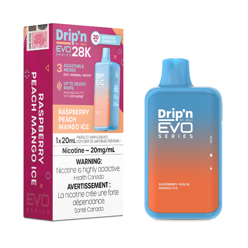 Raspberry Peach Mango Ice Drip'n EVO 28k Disposable Vape Indulge in the refreshing burst of Raspberry Peach Mango Ice, where tangy raspberries, juicy peaches, and tropical mangoes blend with a cool icy finish for a vaping experience that's both sweet and invigorating.