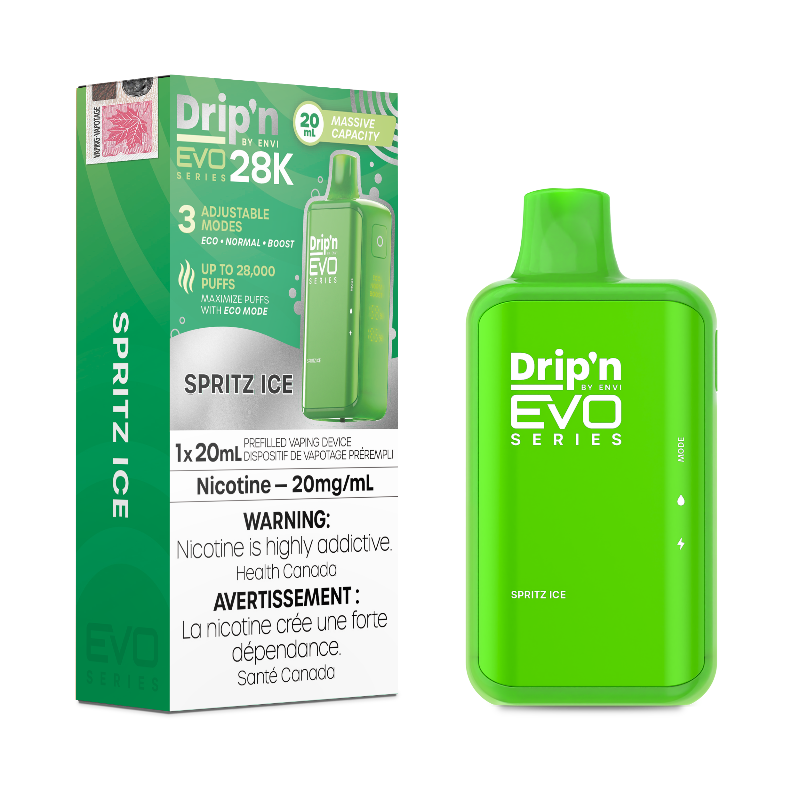 Spritz Ice Drip'n EVO 28k Disposable Vape Enjoy a refreshing burst of crisp, zesty citrus with every puff of the Sprite vape, perfectly capturing the fizzy, invigorating taste of your favorite lemon-lime soda.