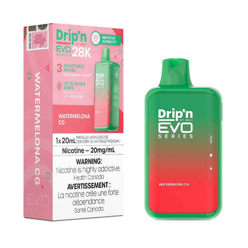 Watermelona CG Drip'n EVO 28k Disposable Vape Packed with maximum melon flavour for a succulent taste of refreshing watermelon, cantaloup, and honeydew.