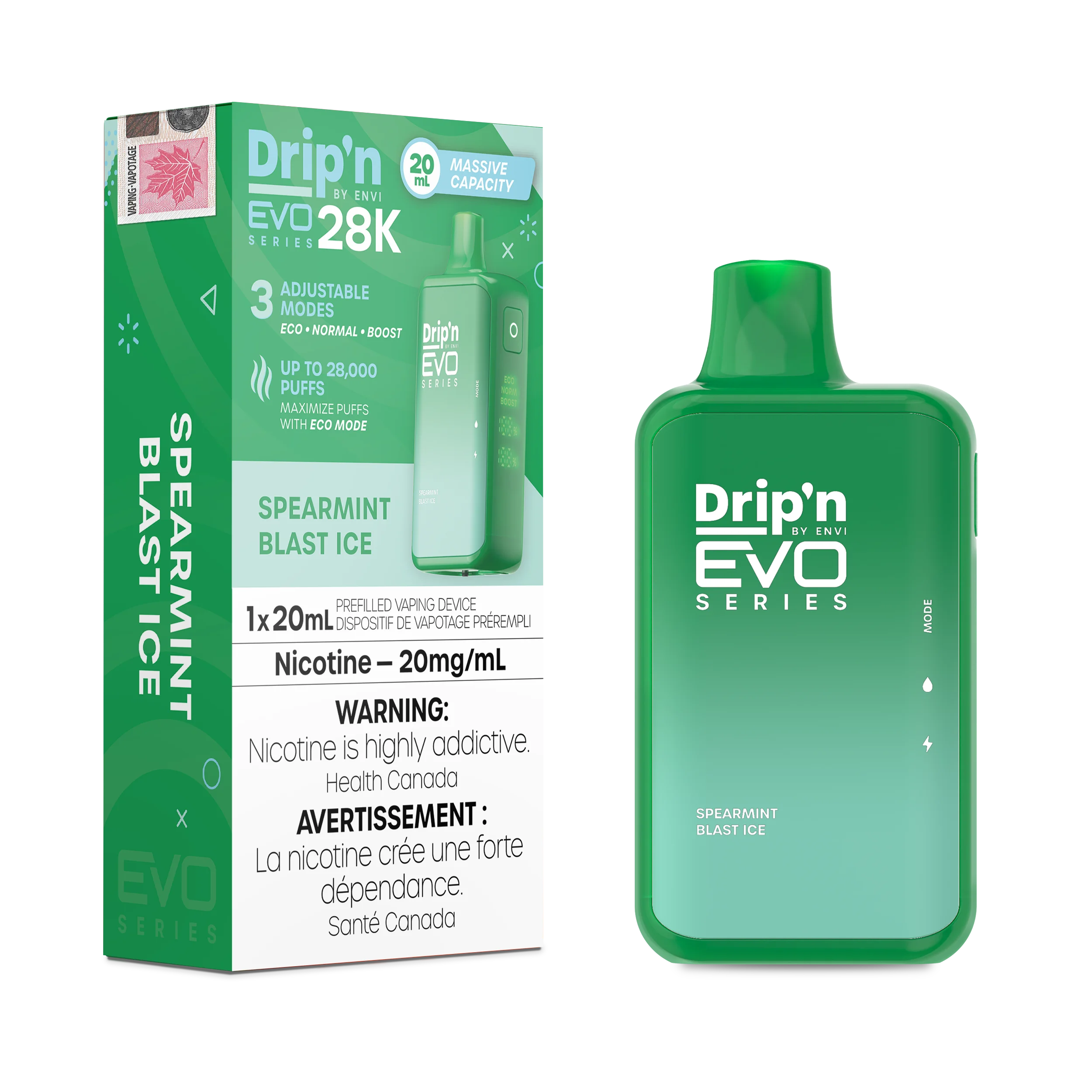 Spearmint Blast Ice Drip'n EVO 28k Disposable Vape
Spearmint Blast Ice Experience the bold freshness of spearmint with a cool, icy blast that refreshes and invigorates in every breath.