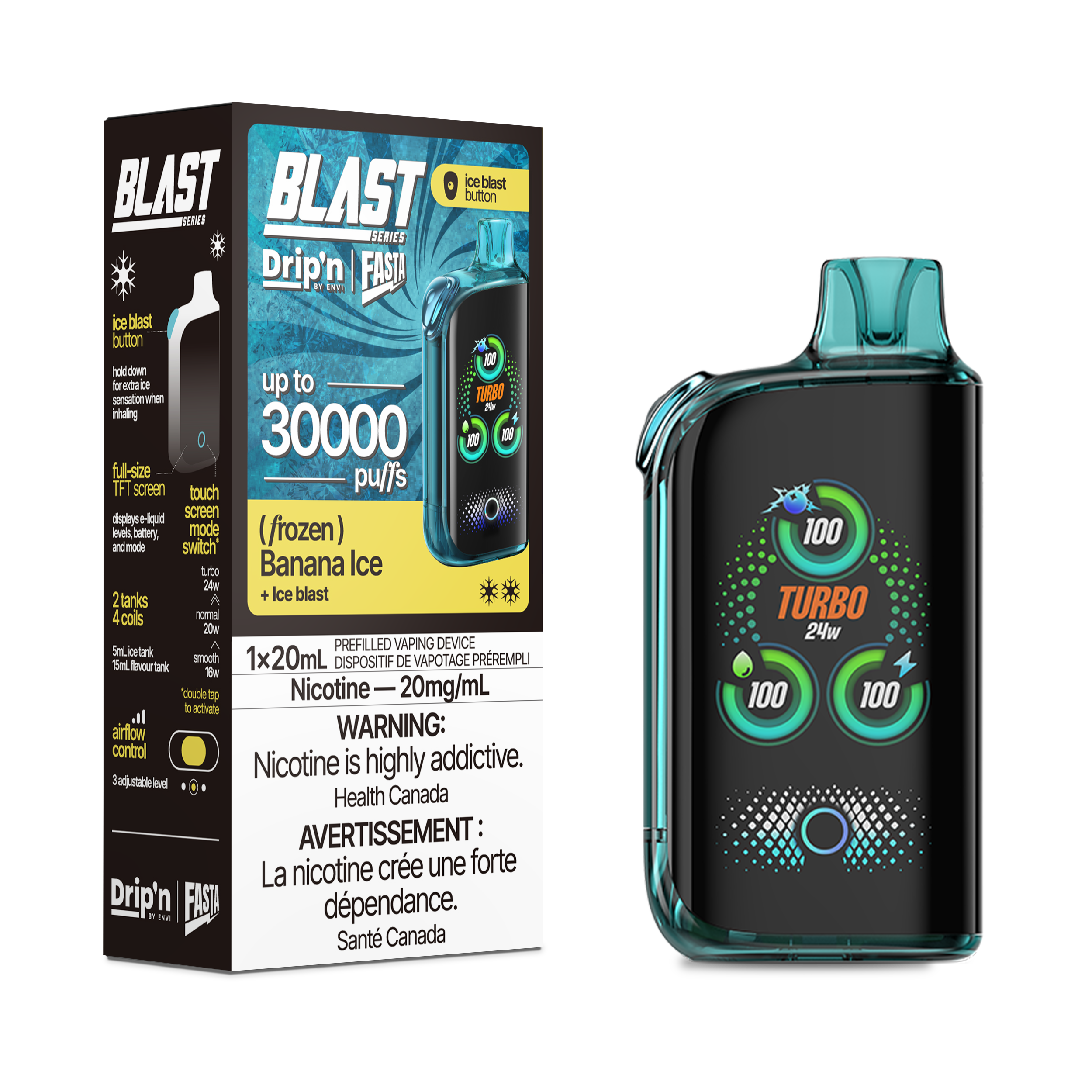 New In! Banana ice Drip'n fasta blast by envi disposable featuring 30000 puffs and ice blast mode with long lasting battery. Buy now at mister vapor