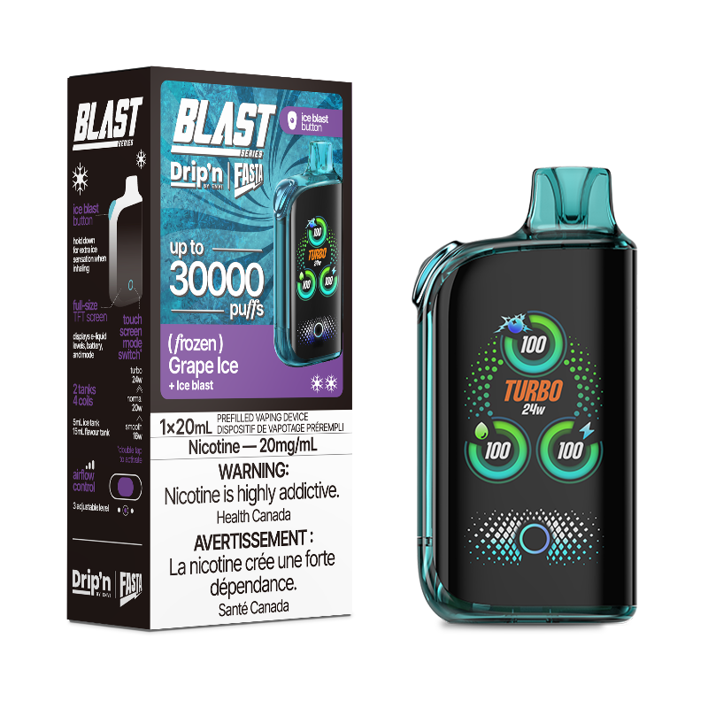 Buy now! Grape ice Drip'n fasta blast by envi disposable with 30000 puffs and 3 power modes. Available online and in store! 