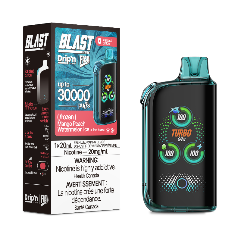 Buy now! Mango Peach Watermelon ice Drip'n fasta blast by envi disposable with 30000 puffs and ice blast mode. Available online and in store! 