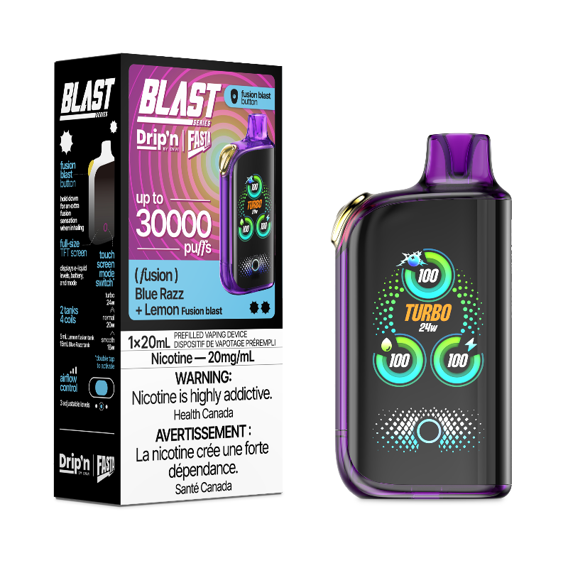 BLUE RAZZ + LEMON DRIP'N BY ENVI X FASTA BLAST FUSION SERIES 30K DISPOSABLE VAPE: 30000 puffs, Fusion blast button, adjustable airflow and power mode, TFT screen and Type-C charging.