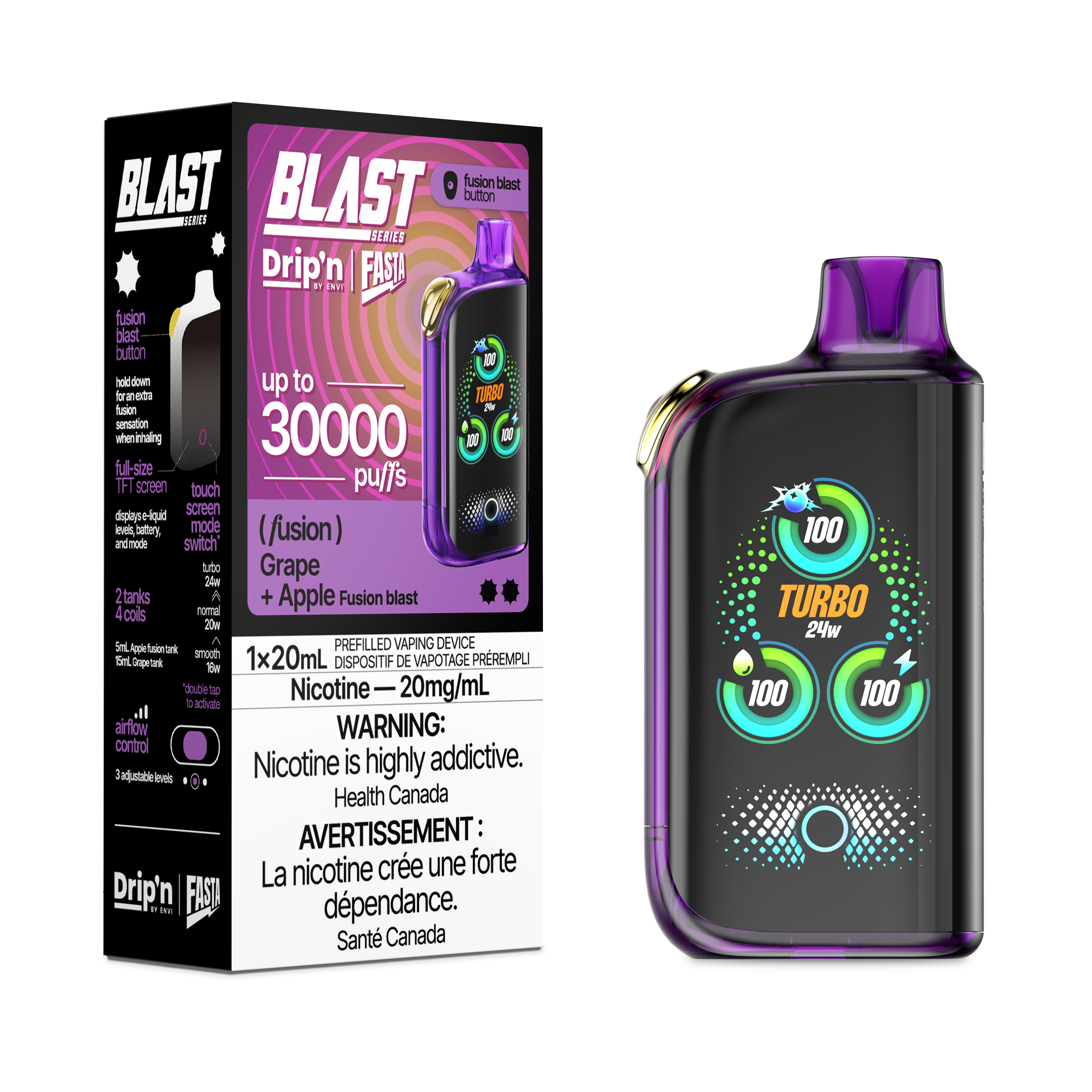 GRAPE + APPLE DRIP'N BY ENVI X FASTA BLAST FUSION SERIES 30K DISPOSABLE VAPE: 30000 puffs, Fusion blast button, adjustable airflow and power mode, TFT screen and Type-C charging.