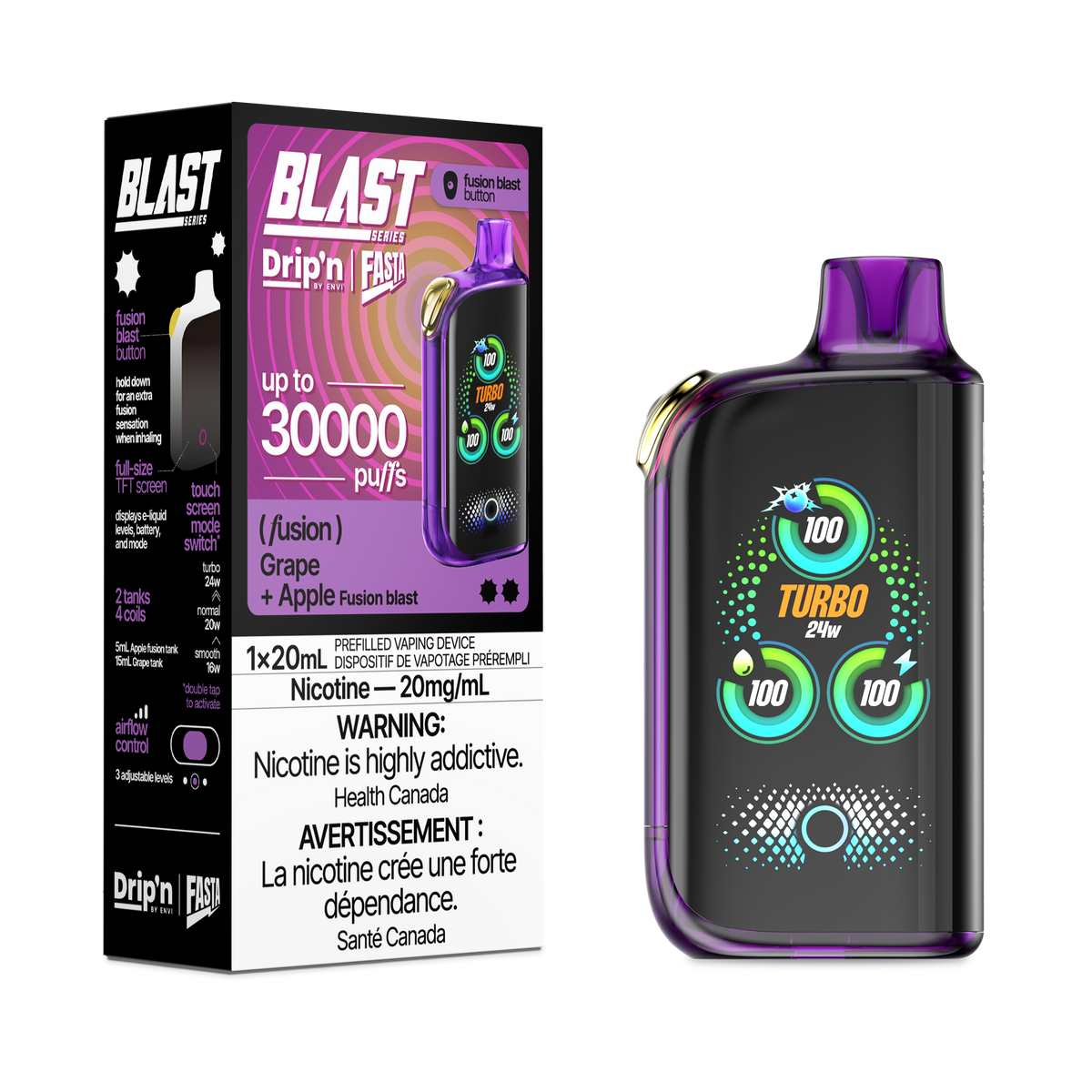 GRAPE + APPLE DRIP'N BY ENVI X FASTA BLAST FUSION SERIES 30K DISPOSABLE VAPE: 30000 puffs, Fusion blast button, adjustable airflow and power mode, TFT screen and Type-C charging.