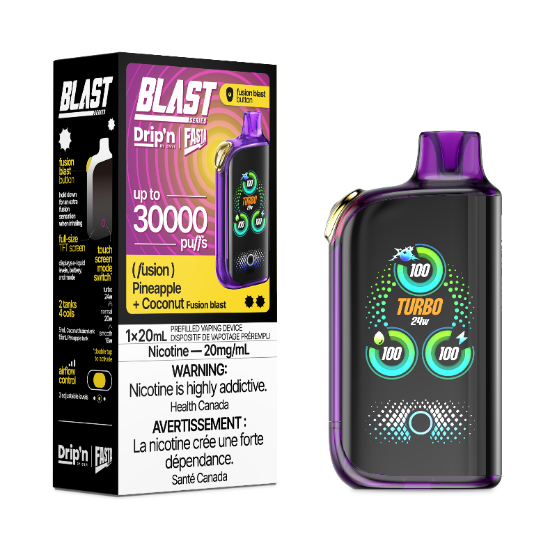 PINEAPPLE + COCONUT DRIP'N BY ENVI X FASTA BLAST FUSION SERIES 30K DISPOSABLE VAPE: 30000 puffs, Fusion blast button, adjustable airflow and power mode, TFT screen and Type-C charging.