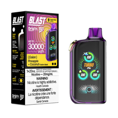 PINEAPPLE + COCONUT DRIP'N BY ENVI X FASTA BLAST FUSION SERIES 30K DISPOSABLE VAPE: 30000 puffs, Fusion blast button, adjustable airflow and power mode, TFT screen and Type-C charging.