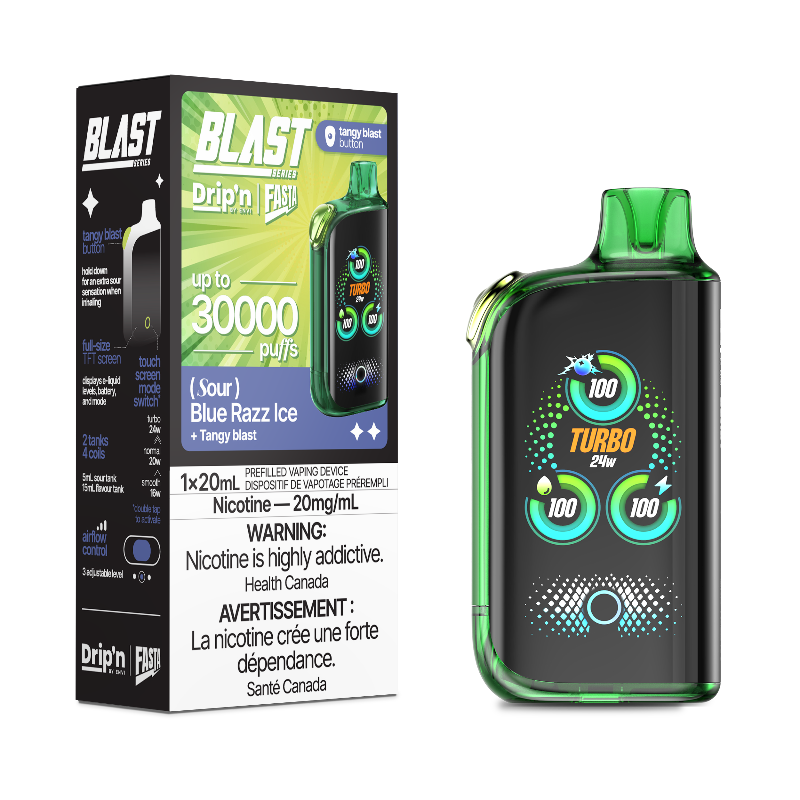 BLUE RAZZ ICE DRIP'N BY ENVI X FASTA BLAST SOUR SERIES 30K DISPOSABLE VAPE: 30000 puffs, sour blast button, adjustable airflow and power mode, TFT screen and Type-C charging