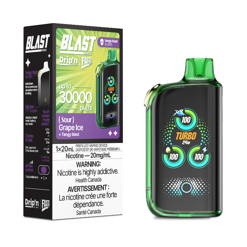 GRAPE ICE DRIP'N BY ENVI X FASTA BLAST SOUR SERIES 30K DISPOSABLE VAPE: 30000 puffs, sour blast button, adjustable airflow and power mode, TFT screen and Type-C charging