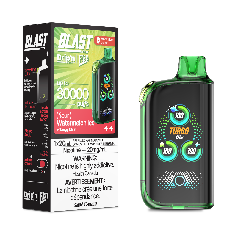 WATERMELON ICE DRIP'N BY ENVI X FASTA BLAST SOUR SERIES 30K DISPOSABLE VAPE: 30000 puffs, sour blast button, adjustable airflow and power mode, TFT screen and Type-C charging