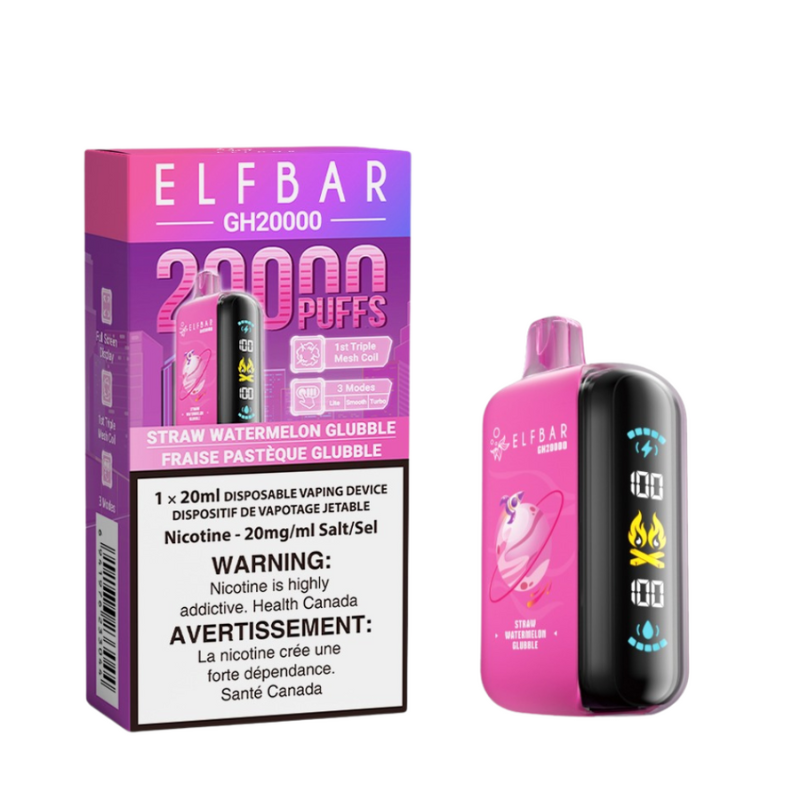 AVAILABLE ELF BAR STRAWBERRY WATERMELON GLUBBLE GK20k DISPOSABLE VAPE A playful blend of ripe strawberries and juicy watermelon, bursting with a nostalgic bubble gum flavour. Explore Elf Bar ground breaking new product, the Elf Bar GH20k. 