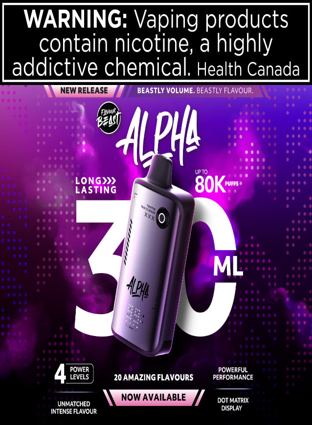 Vaping device with promotional text on a purple background