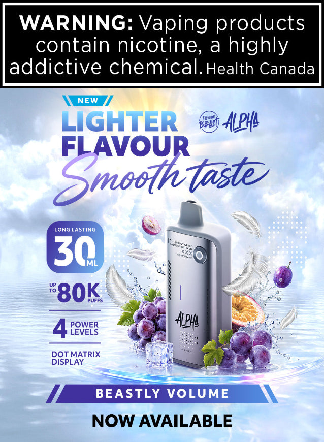 Promotional graphic for a Beastly Alpha disposable vape device, featuring a silver and black device surrounded by grapes, fruit slices, and ice on a water-like blue background. Large text highlights 'New Lighter Flavour Smooth taste', 'Long lasting 30 ml', 'Up to 80K puffs', '4 Power Levels', and 'Dot Matrix Display'.