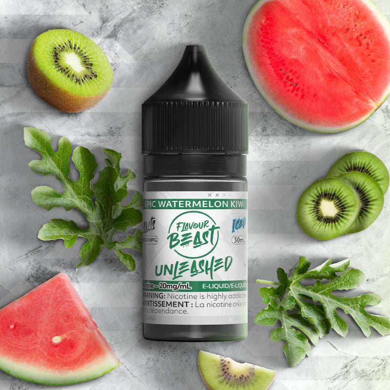 EPIC WATERMELON KIWI ICE FLAVOUR BEAST UNLEASHED salt nicotine E-liquid featuring 20mg of nicotine strength, 40VG/60PG ratio. Buy Now instore or online!