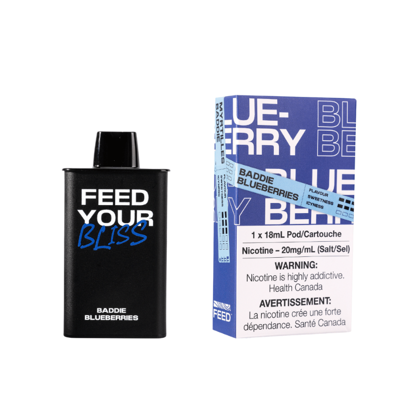GRAB NOW ! BADDIE BLUEBERRIES FEED POD (9000 PUFFs) Indulge in the luscious sweetness of ripe blueberries with every inhale .Meet the brand-new FEED disposable pod system – blending the convenience of disposables with the sophistication of closed pods, but with an extra dose of style! 