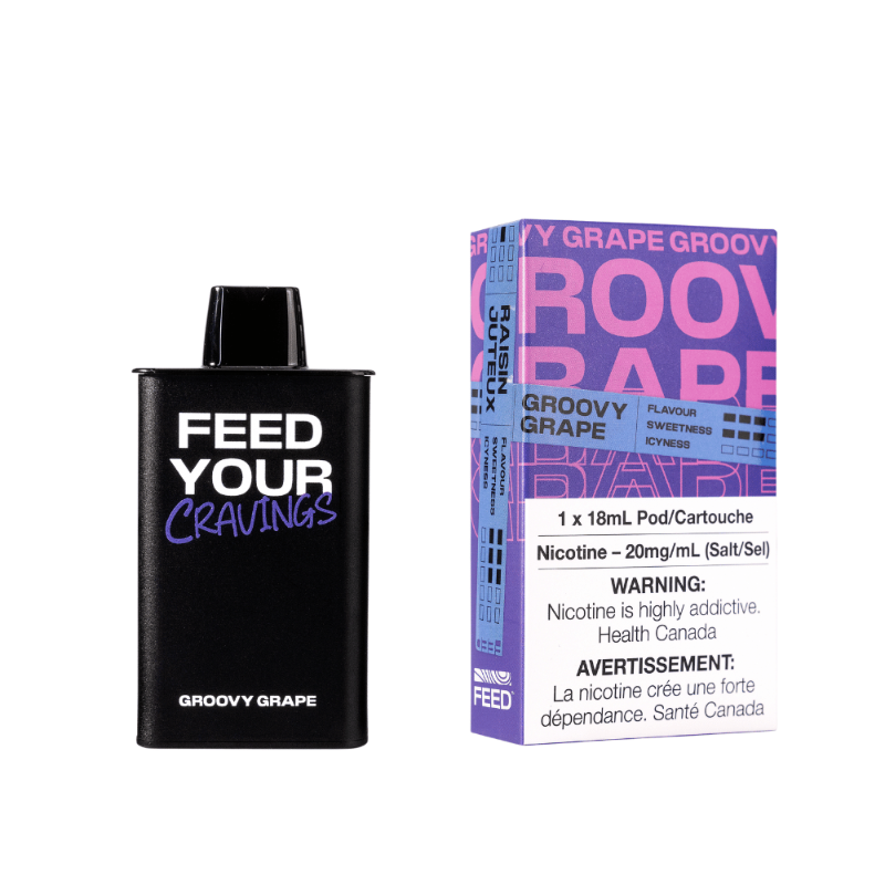 DELIVER NOW ! GROOVY GRAPE FEED POD (9000 PUFFs) Feed your cravings with Groovy Grape! Meet the brand-new FEED disposable pod system – blending the convenience of disposables with the sophistication of closed pods, but with an extra dose of style! 