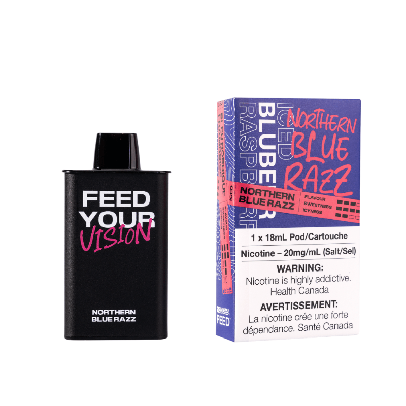 TRY NOW! NORTHERN BLUE RAZZ FEED POD (9000 PUFFs) Immerse yourself in a burst of sweet blue raspberry flavor. Meet the brand-new FEED disposable pod system – blending the convenience of disposables with the sophistication of closed pods, but with an extra dose of style! 