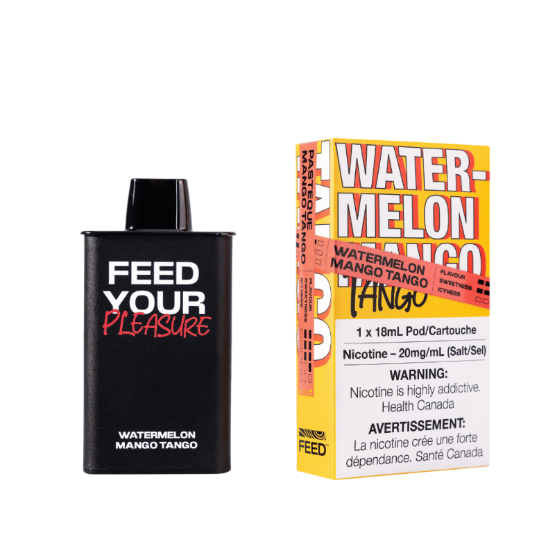 BUY NOW! WATERMELON MANGO TANGO FEED POD STARTER KIT (9000 PUFFs) the tantalizing fusion of succulent watermelon and ripe mango Meet the brand-new FEED disposable pod system – blending the convenience of disposables with the sophistication of closed pods.