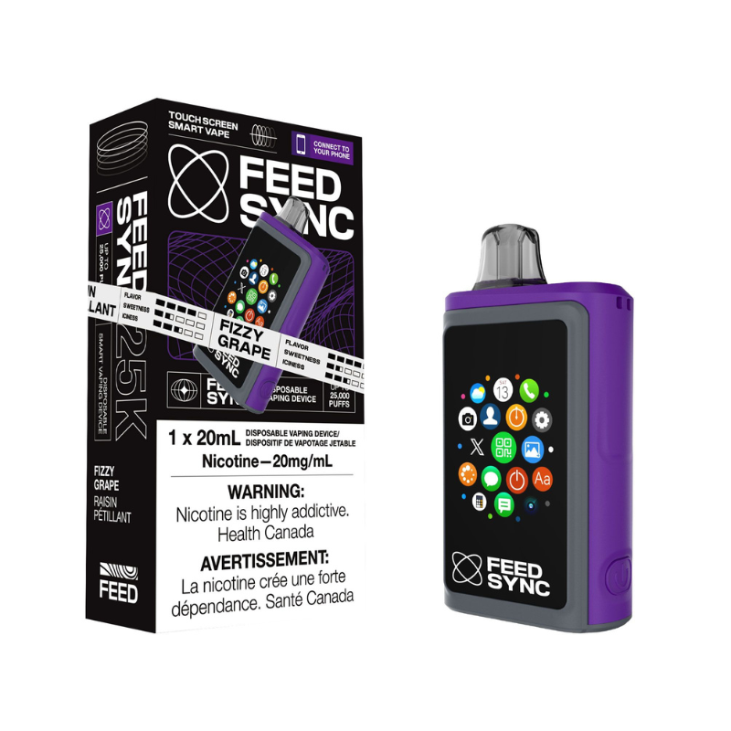 Fizzy Grape Feed Sync Disposable Vape - 25,000 Puffs Sweet grape cola Mentos with a fizzy twist for a lively vape. Get ready to elevate your vaping game with the Feed Sync Disposable Vape—the world’s first smart disposable vape that’s packed with jaw-dropping features! This amazing device easily connects to both Android and Apple phones, giving you cool perks like SMS alerts, camera control, call functionality, social media updates, and even gaming. Flavour: 3.5/5 Sweetness: 2/5 Iciness: 3.5/5 