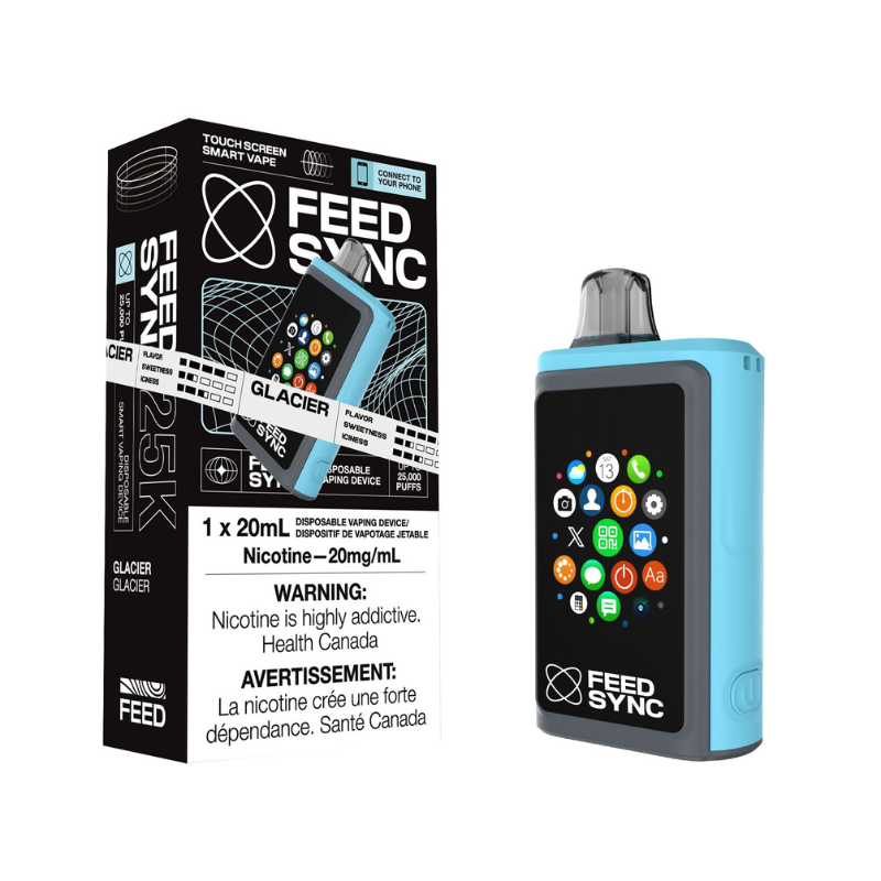 Glacier Feed Sync Disposable Vape - 25,000 Puffs A crisp, icy blast of menthol that refreshes and rejuvenates. Get ready to elevate your vaping game with the Feed Sync Disposable Vape—the world’s first smart disposable vape that’s packed with jaw-dropping features! This amazing device easily connects to both Android and Apple phones, giving you cool perks like SMS alerts, camera control, call functionality, social media updates, and even gaming.