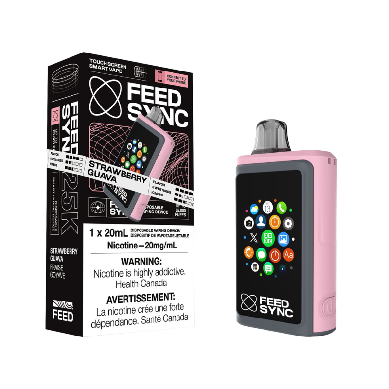 Strawberry Guava Feed Sync Disposable Vape - 25,000 Puffs. Sweet strawberries and cool menthol for a refreshing, calming vape. Get ready to elevate your vaping game with the Feed Sync Disposable Vape—the world’s first smart disposable vape that’s packed with jaw-dropping features! This amazing device easily connects to both Android and Apple phones, giving you cool perks like SMS alerts, camera control, call functionality, social media updates, and even gaming.