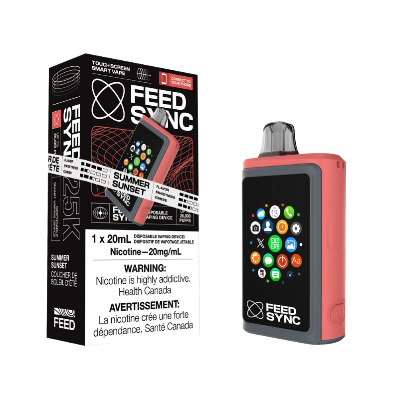 Summer Sunset Feed Sync Disposable Vape - 25,000 Puffs A vibrant blend of peach, mango, and watermelon, capturing summer in every puff. Get ready to elevate your vaping game with the Feed Sync