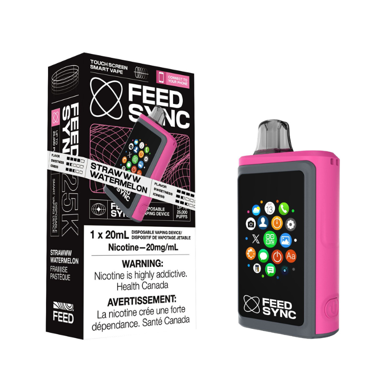 Strawww Watermelon Feed Sync Disposable Vape - 25,000 Puffs. Luscious strawberries and crisp watermelon, perfectly balanced and refreshing. Get ready to elevate your vaping game with the Feed Sync Disposable Vape—the world’s first smart disposable vape that’s packed with jaw-dropping features! This amazing device easily connects to both Android and Apple phones, giving you cool perks like SMS alerts, camera control, call functionality, social media updates, and even gaming.